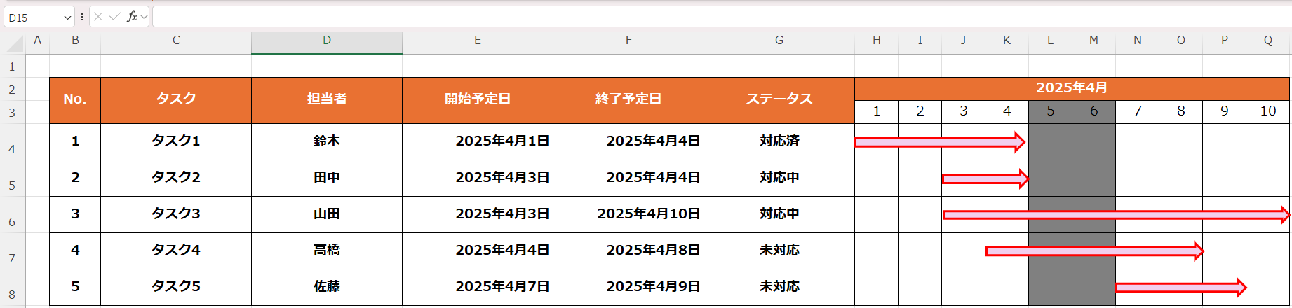 【ガントチャート】手動で色付けする方法②：図形の挿入